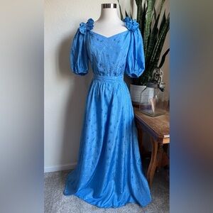 Vintage 70s Prairie Dress Blue Puff Sleeve‎ Floral ILGWU Union Made